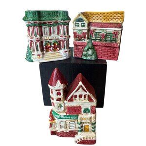 3ct Napkin Ring Holders Ceramic Christmas Village Buildings Thailand Made